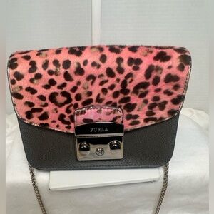 Furla Metropolis Pink Leopard and Gray leather Crossbody Bag